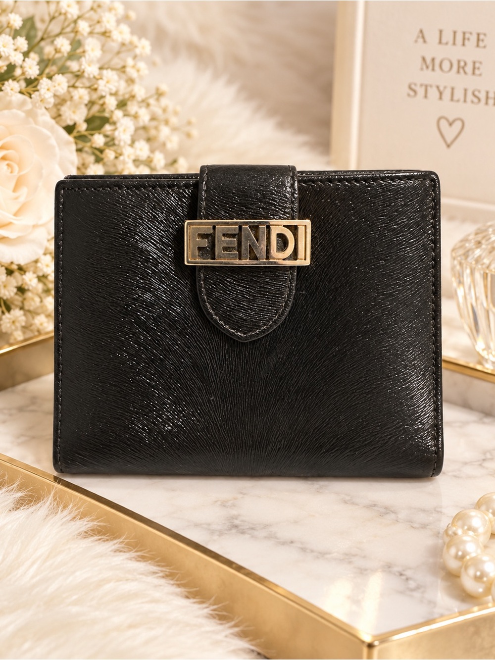 Fendi Black Leather Bifold Wallet Silver Logo